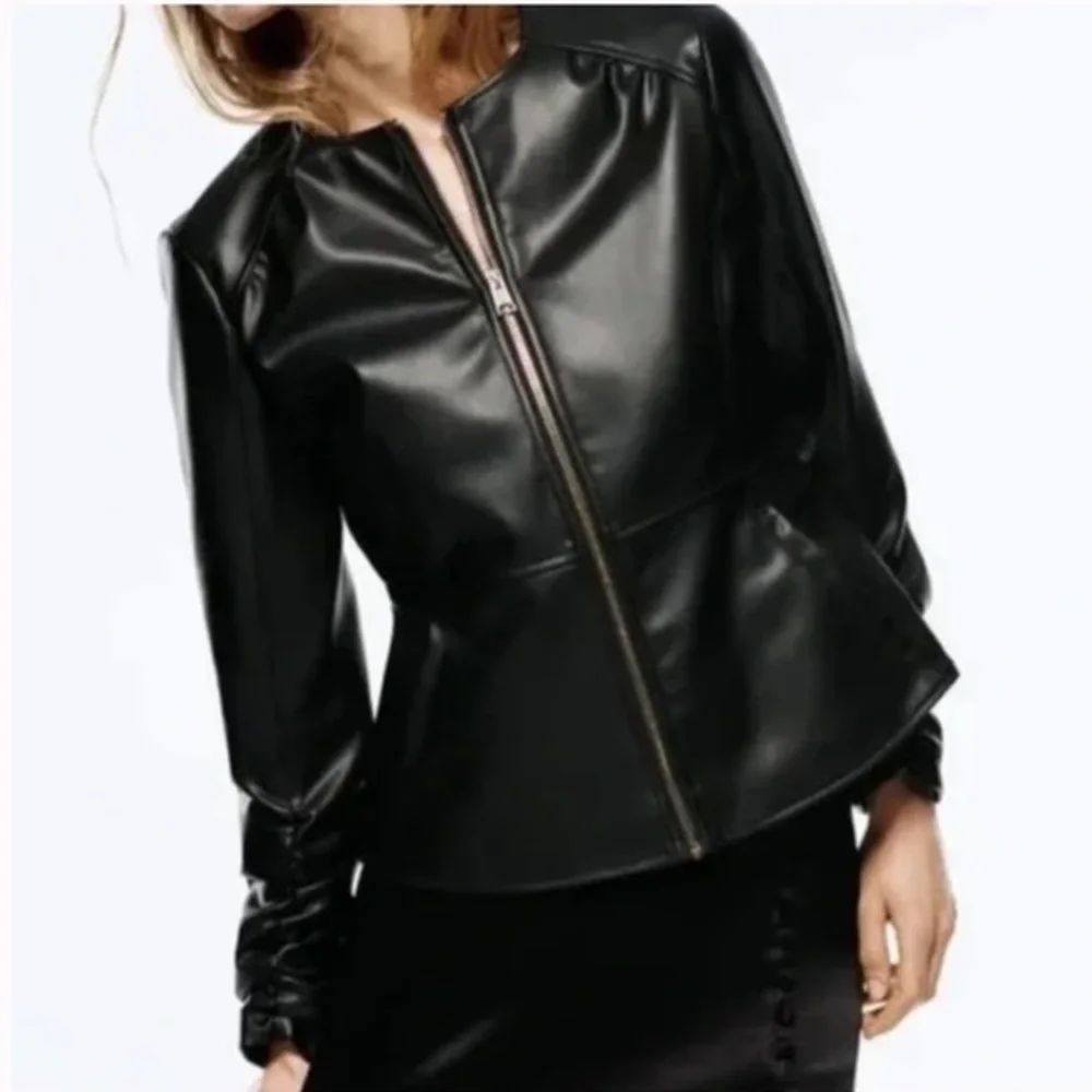 ZARA Black Vegan Faux Leather Peplum Zip Up Moto Jacket